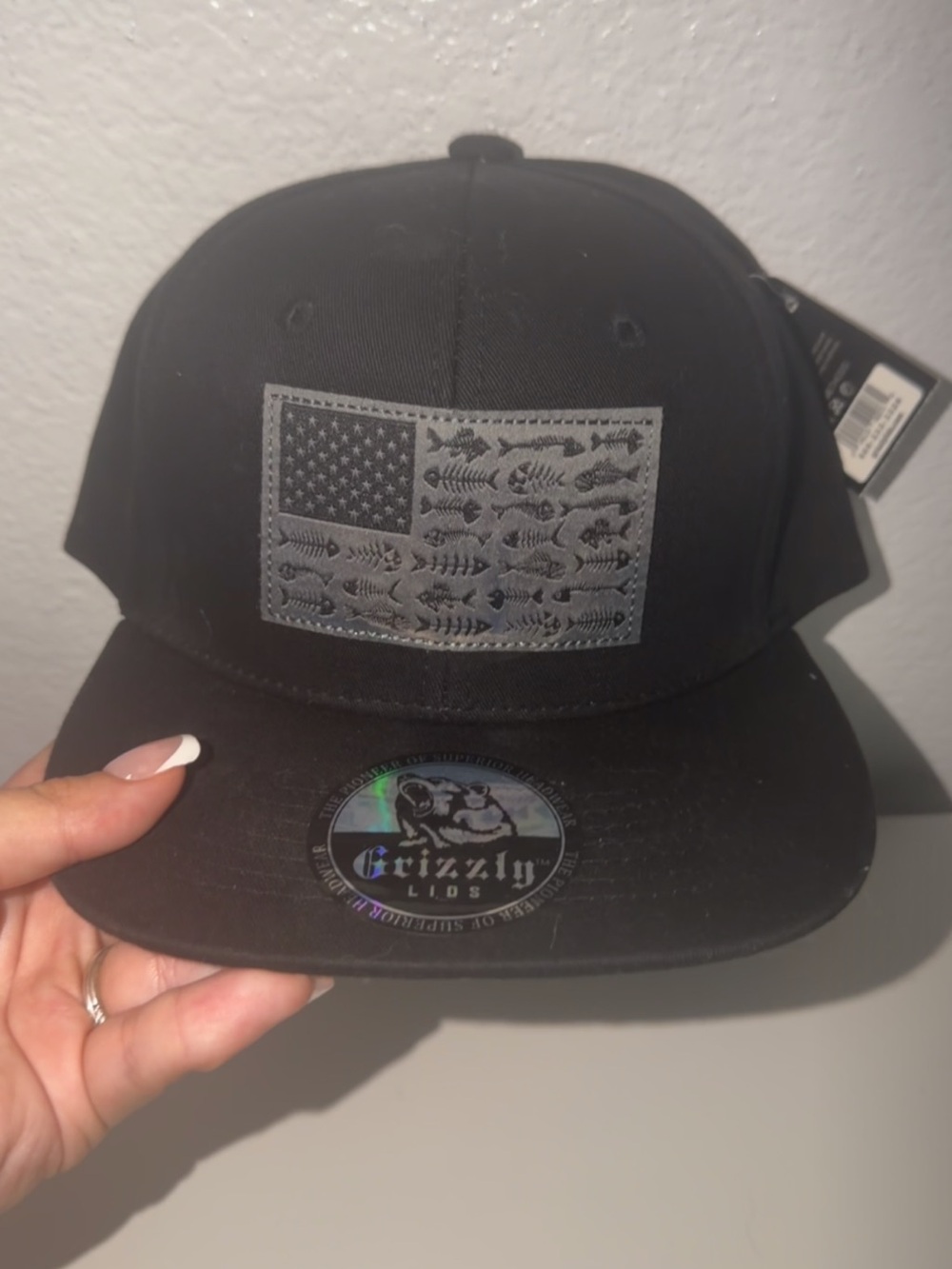 Grizzly Lids Black Snapback Hat with Fish Flag Patch